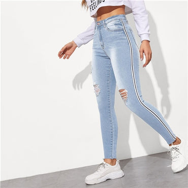 SweatyRocks Stripe Side Ripped Women Streetwear Casual Jeans