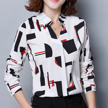 Chiffon Blouses Shirts Ladies Floral V-neck  Long Sleeve Blusas 3XL