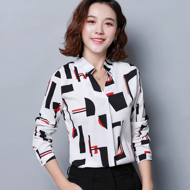 Chiffon Blouses Shirts Ladies Floral V-neck  Long Sleeve Blusas 3XL