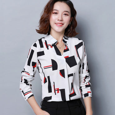 Chiffon Blouses Shirts Ladies Floral V-neck  Long Sleeve Blusas 3XL