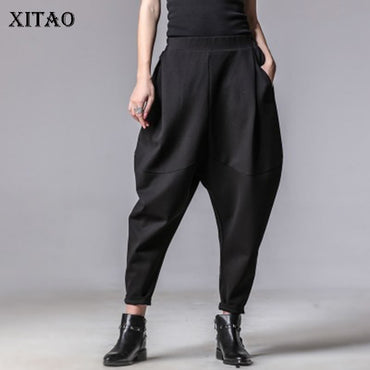 XITAO Plus SizeElastic Waist Black Harem Pants Tide Casual Spliced