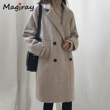 Magray Wool Blend  Coat Women Long  Sleeve Collar Outwear