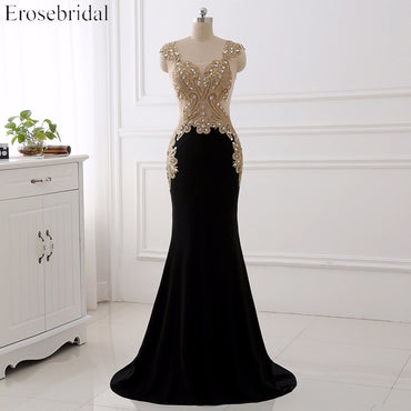 Party Dresses Gold Lace with Sheer Neck Evening Gowns