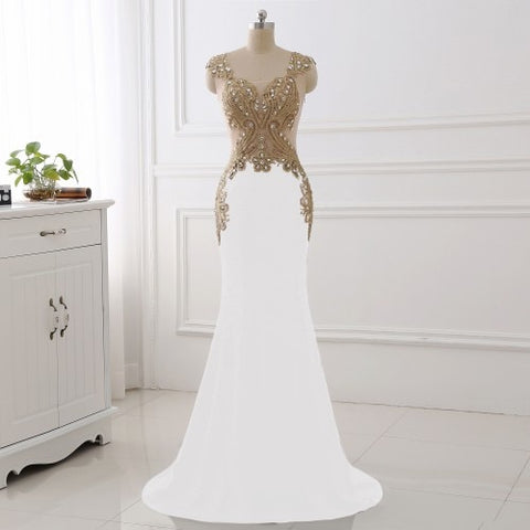 Party Dresses Gold Lace with Sheer Neck Evening Gowns