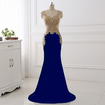 Party Dresses Gold Lace with Sheer Neck Evening Gowns