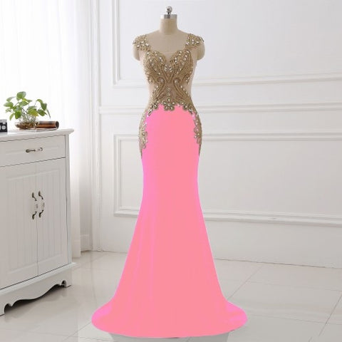 Party Dresses Gold Lace with Sheer Neck Evening Gowns