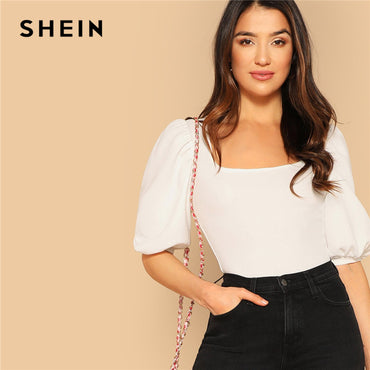 SHEIN Puff Elegant Square Neck 3/4 Sleeve  Modern Lady T-shirt