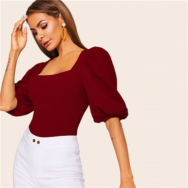 SHEIN Puff Elegant Square Neck 3/4 Sleeve  Modern Lady T-shirt