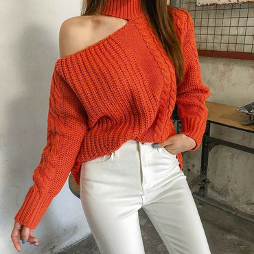Solid Casual  Shoulder Pullover Basic  Jumper  Turtleneck  Knitted