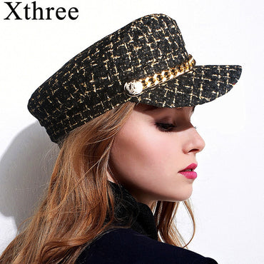 Winter Chain Wool Military Hat Flat Salior Visor Travel Berets