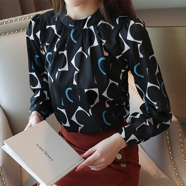 Casual Long Sleeve Chiffon Blouse Women Print O-neck Blouse
