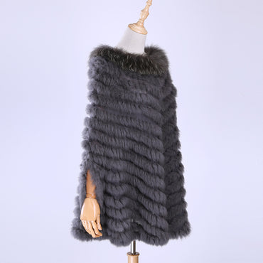 Luxury  Pullover Knitted  Genuine Rabbit Fur Raccoon Cape Real