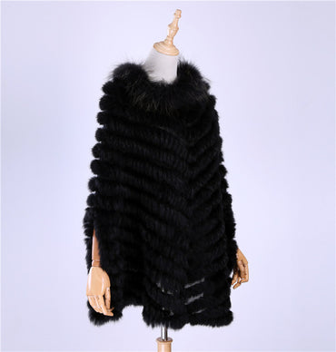 Luxury  Pullover Knitted  Genuine Rabbit Fur Raccoon Cape Real