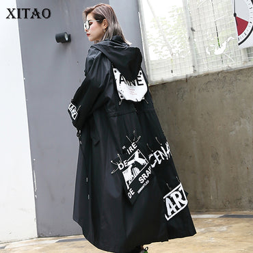 XITAO Spliced Plus Size Black TrenchTide Long Print Streetwear
