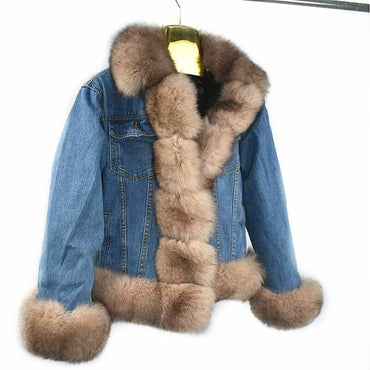 Denim Jacket With Natural Fox Fur Rabbit Fur Lining Winter Warm