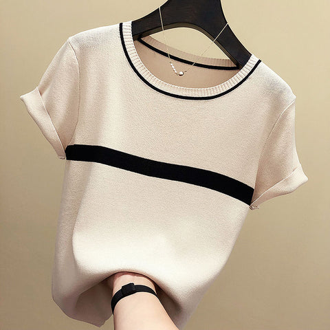 Knitted Cotton  Short Sleeve Tees Tops Striped Casual T-Shirt