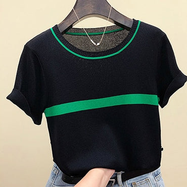 Knitted Cotton  Short Sleeve Tees Tops Striped Casual T-Shirt
