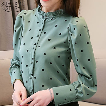 Women Standing Collar Dot Pattern Women Blouse and Top Office