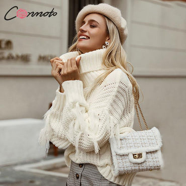 Turtleneck Knitwear Sweater Oversized Tassel Knitted Pullovers Jumpers