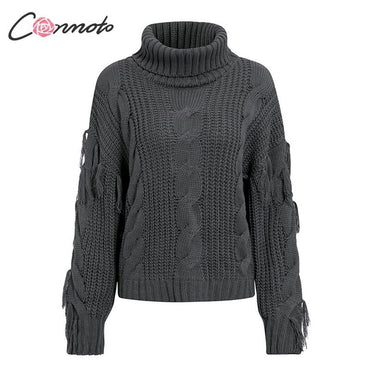 Turtleneck Knitwear Sweater Oversized Tassel Knitted Pullovers Jumpers