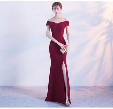 Off Shoulder Burgundy Evening Dress Girls Wedding Party Dress