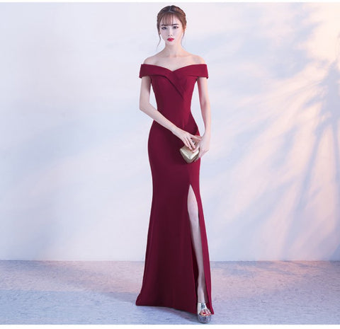Off Shoulder Burgundy Evening Dress Girls Wedding Party Dress