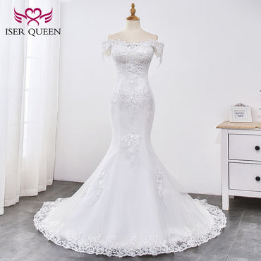 Appliques Court Train Lace up Pure White Mermaid wedding Gown