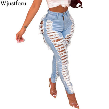 Wjustforu Jeans Casual Club Hole Denim Pants Pencil Jeans Vestidos
