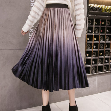 Long Midi Skirt High Waist Women Maxi Gradient Colour Pleated
