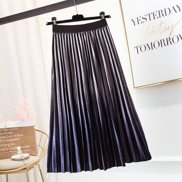 Long Midi Skirt High Waist Women Maxi Gradient Colour Pleated