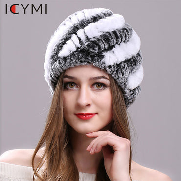 Elastic Knitted Cap with Stripe Design Handmade Real  Hat Ladies