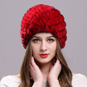Elastic Knitted Cap with Stripe Design Handmade Real  Hat Ladies