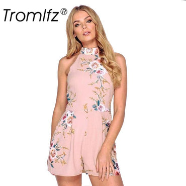 Tromlfz Hanging Neck Sleeveless Zipper Loose Short Jumpsuit