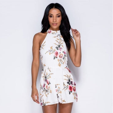 Tromlfz Hanging Neck Sleeveless Zipper Loose Short Jumpsuit