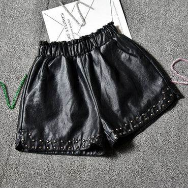 Women PU Leather short elastic waist casual wide leg shorts feminino