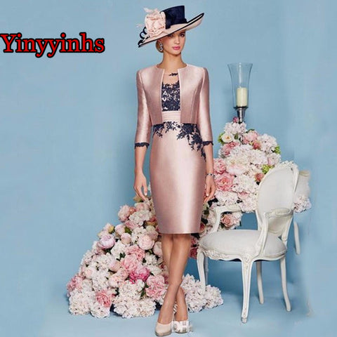 Knee Length 2 Piece with Jacket Mother Dress High Quality Satin
