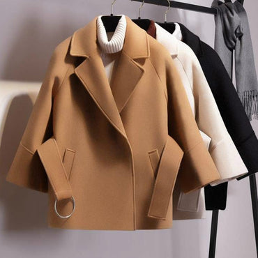 Women New Stylish  Jacket  Short Woolen Coat Belt Jacket