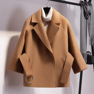 Women New Stylish  Jacket  Short Woolen Coat Belt Jacket