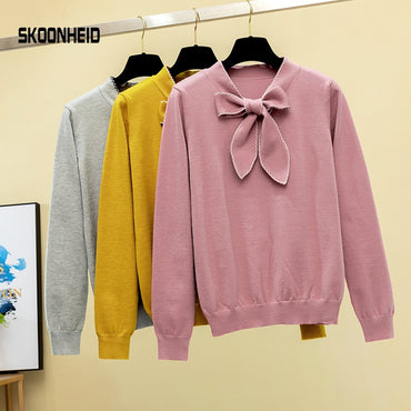 SINGRAIN Women Knitted Pullovers Elegant Bow Knitting  Sweater