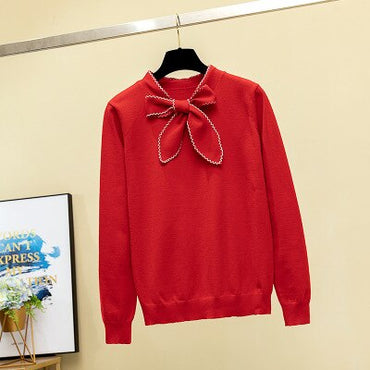 SINGRAIN Women Knitted Pullovers Elegant Bow Knitting  Sweater