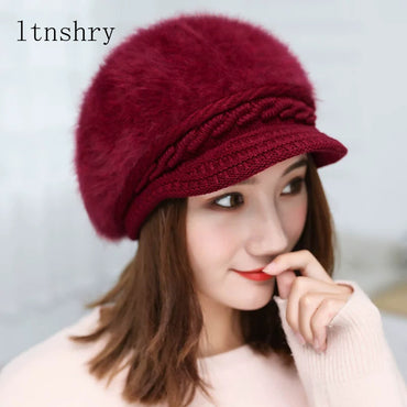 Crochet Slouchy Beanies Solid Knitted Caps Rabbit Fur Lady Winter