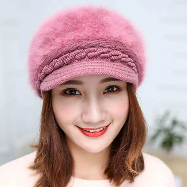 Crochet Slouchy Beanies Solid Knitted Caps Rabbit Fur Lady Winter