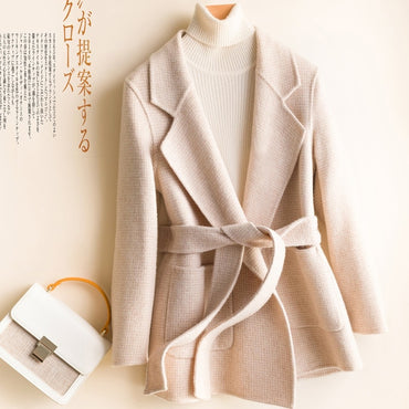 100% Wool  Female Short Jacket + Belt Korean Spring Both Sided