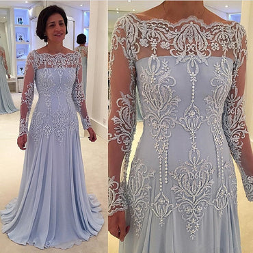 Lace Appliques Long Mother Wedding Party Dress Chiffon Pleat