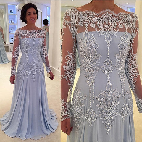 Lace Appliques Long Mother Wedding Party Dress Chiffon Pleat