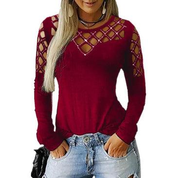 Women T-shirt hollow ironing   long sleeves T-shirt Female Tops