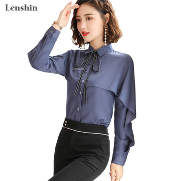 Lenshin Shawl Blouse Tie shirts Female Ruffle Tops Chemise