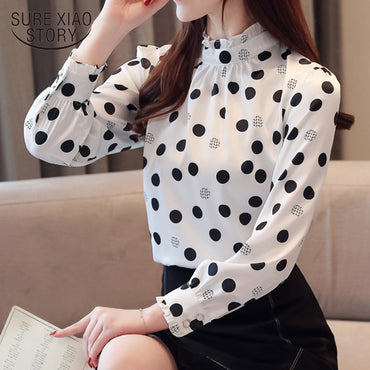Polka Dot Stand long sleeve shirts blusa feminina ladies tops