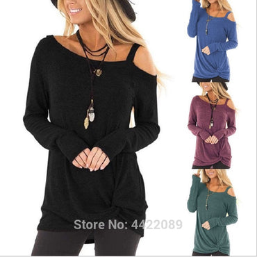 Collar Slim Long Sleeve Tee Shirt Solid Color Women Streetwear
