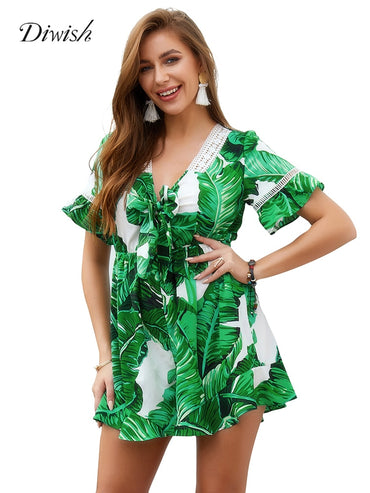 Flare Sleeves Bow Knot Chic Print Overall Streetwear Beach Rompers